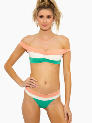 Ziggy Color Block Off Shoulder Bikini Top - Spearmint Green/cream White/coral Orange