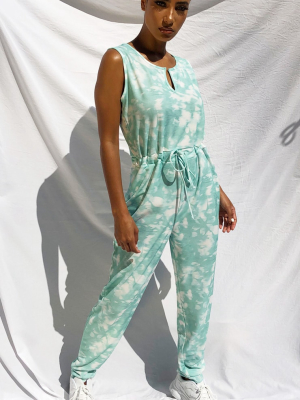 Teal Tie Dye V Neck Tie Waist Jumpsuit