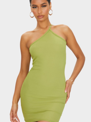 Olive Ribbed One Shoulder Neck Detail Bodycon...