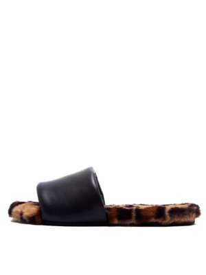 Archer710 Black Pu Faux Fur Flat Slide Sandal
