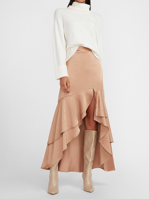 High Waisted Satin Hi-lo Flounce Maxi Skirt