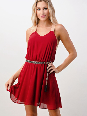 Kaii Wine Color With Chain Belt Block Dress