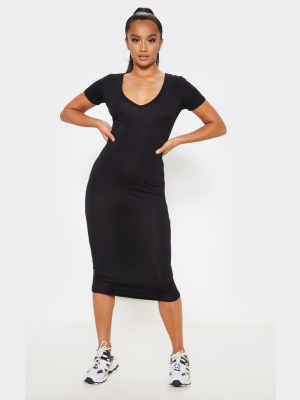 Petite Black V Neck Midi Bodycon Dress