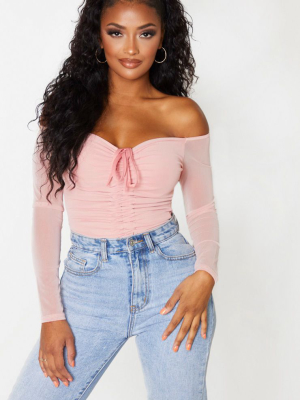 Shape Dusty Pink Mesh Long Sleeve Ruched Bodysuit