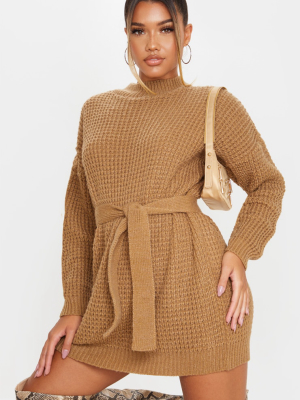 Camel Soft Touch Belted Knitted Sweater Dress