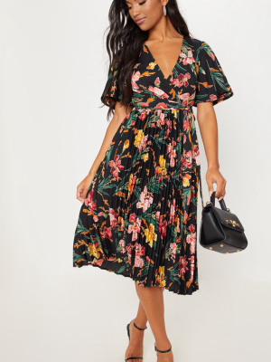 Black Floral Pleated Midi Dress