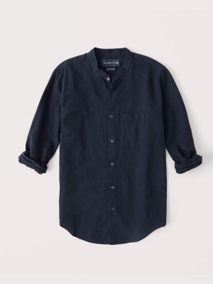 Linen-blend Banded Collar Button-up Shirt