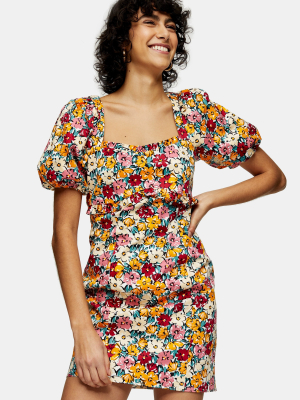 Multicolored Floral Poplin Tea Dress