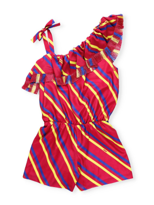 Msgm Kids Ruffled Striped Playsuit