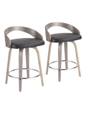 Set Of 2 Grotto Mid Century Modern Counter Height Barstool Light Faux Leather Gray/black - Lumisource