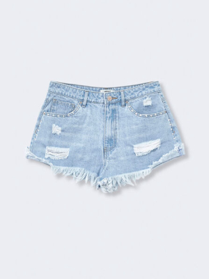 Distressed Denim Rhinestone-trim Shorts