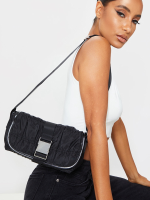 Black Ruched Front Buckle Shoulder Bag