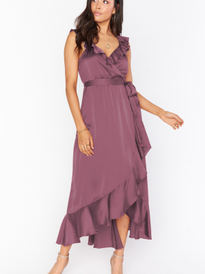 Samantha Ruffle Wrap Dress ~ Dusty Plum Luxe Satin