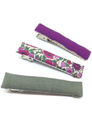 Iris, Purple Floral, Olive Linen Fabric Hair Clip Set