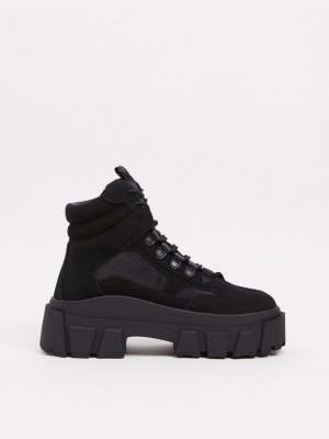 Asos Design Lace Up Boot In Black Faux Nubuck With Chunky Sole