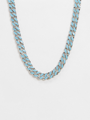 Asos Design Necklace With Blue Enamel Curb Chain In Silver Tone