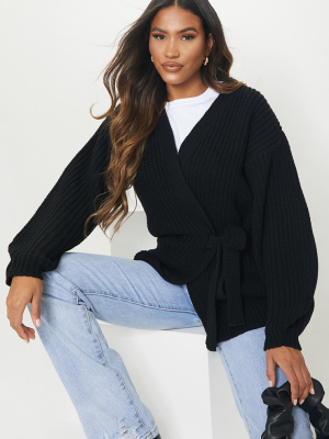 Black Chunky Long Line Belted Cardigan