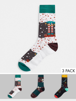 Jack & Jones Christmas Giftbox With 3 Socks In Elf Print