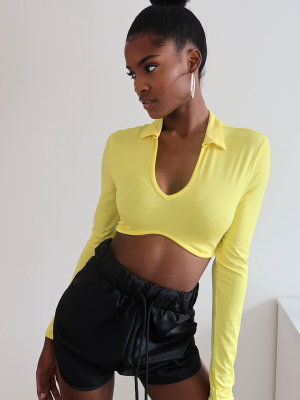 Yellow Jersey Polo Collar Curve Hem Crop Top