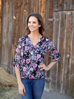 Floral Henley Bubble Hem Blouse