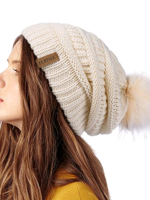 Winter Knit Hat Slouchy Beanie With Faux Fur Pom
