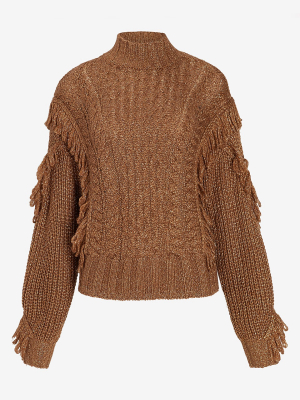 Metallic Fringe Cable Knit Mock Neck Sweater