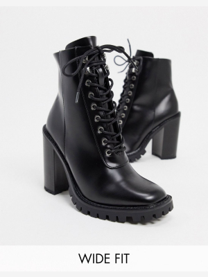 Asos Design Wide Fit Bobbie Lace Up Heeled Boots In Black