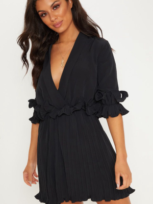 Black Frill Detail Pleated Skater Dress