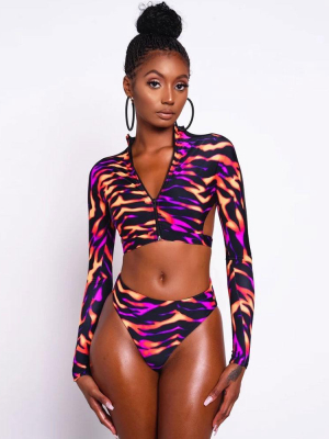 Neon Wave Cutout Zipper Front Crop Brazilian Two Piece Bikini Swimsuit