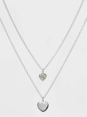 Sterling Silver With Cubic Zirconia Heart Necklace Set 2pc - Silver