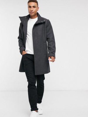 Asos Design Wool Mix Overcoat With Funnel Neck In Charcoal