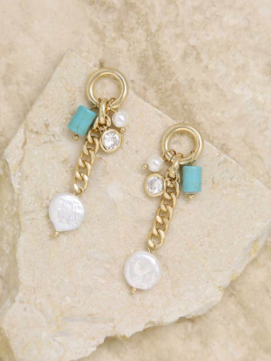 Pearl, Turquoise, And Crystal Charm 18k Gold Plated Dangle Earrings