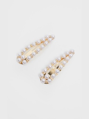 Gold Diamante And Pearl Snap Hair Clips Two Pack