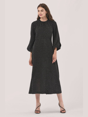 Black Gathered Neck A Line Midi Dress