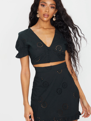 Black Embroidered Frill Hem Crop Top