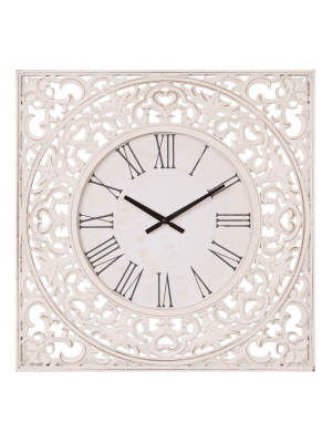 24" Distressed Ornate Wood Carved Wall Clock White - Patton Wall Decor