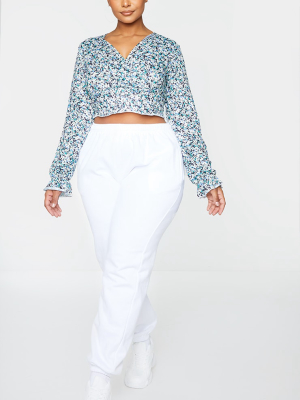 Plus Blue Floral Print Wrap Detail Long Sleeve...