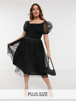 Lace & Beads Plus Tulle Midi Skirt In Black