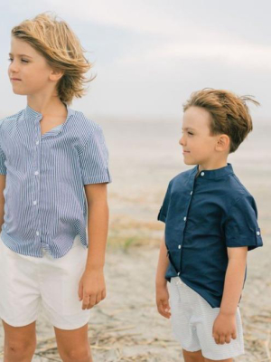 Boys Navy Stripe Short Sleeve Button Down Shirt