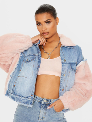 Vintage Wash Faux Fur Detail Denim Jacket