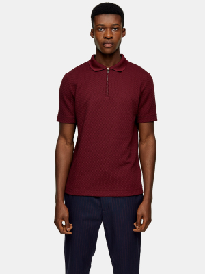 Burgundy Waffle Textured Zip Polo