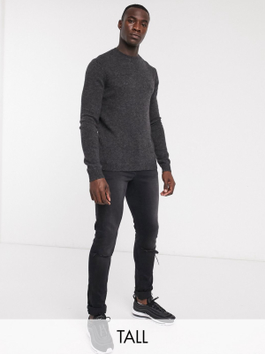 Asos Design Tall Lambswool Crew Neck Sweater In Charcoal