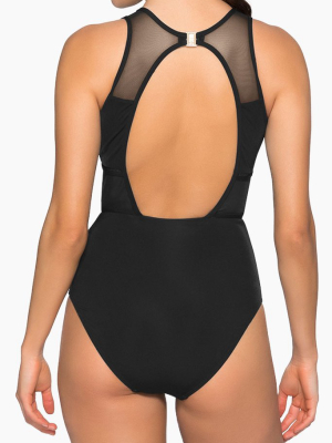 High Neck Mesh One Piece Swimsuit - Black