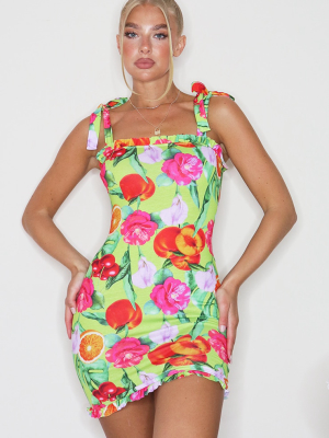 Lime Fruit Print Frill Tie Shoulder Bodycon Dress