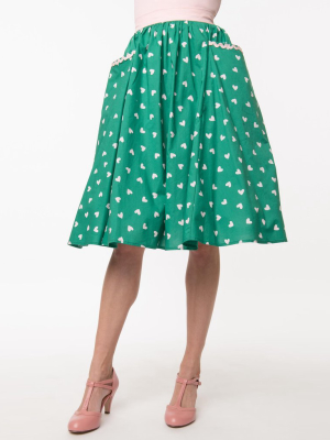 Unique Vintage Green & Pink Hearts Print Susannah Swing Skirt