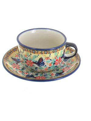 Blue Rose Polish Pottery Blue Butterfly Cup & Saucer