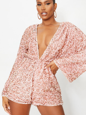 Rose Premium Velvet Sequin Plunge Batwing Romper