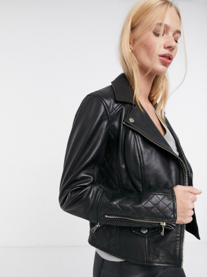 River Island Leather Biker Jacket With Quilting In Black