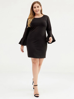 Plus Size - Solid Color Flare Sleeve Dress
