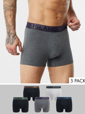 River Island 5 Pack Trunks With Metallic Waist Band In Gray